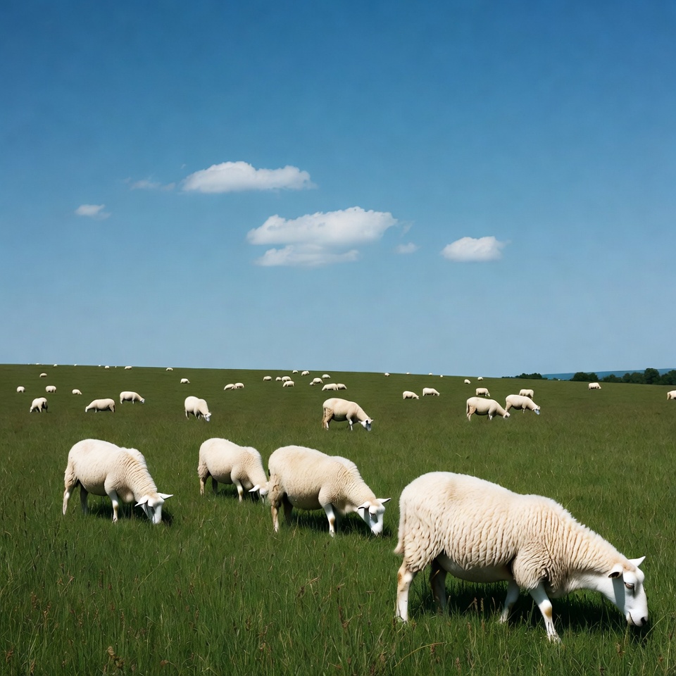 White sheep grazing green field White sheep grazing green field