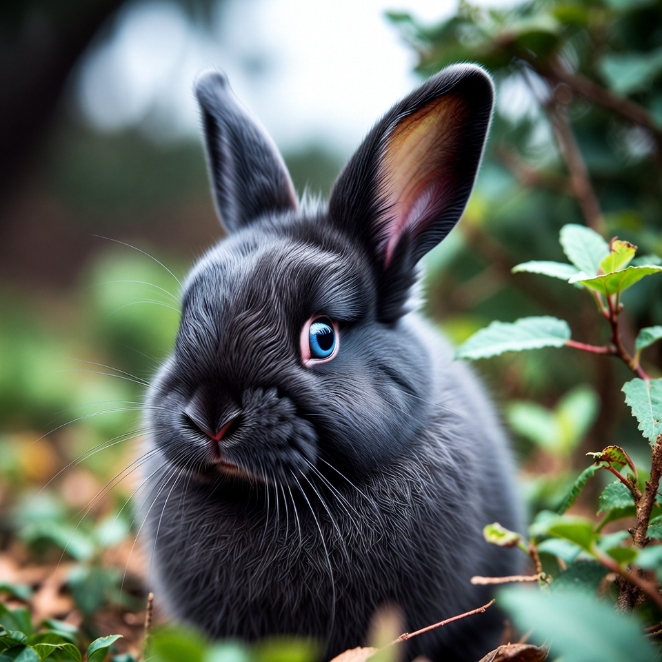 Black bunny with blue eyes in greenery Black bunny with blue eyes in greenery