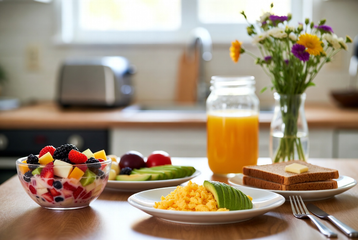 Healthy Breakfast with Fruit Bowl and Eggs Healthy Breakfast with Fruit Bowl and Eggs
