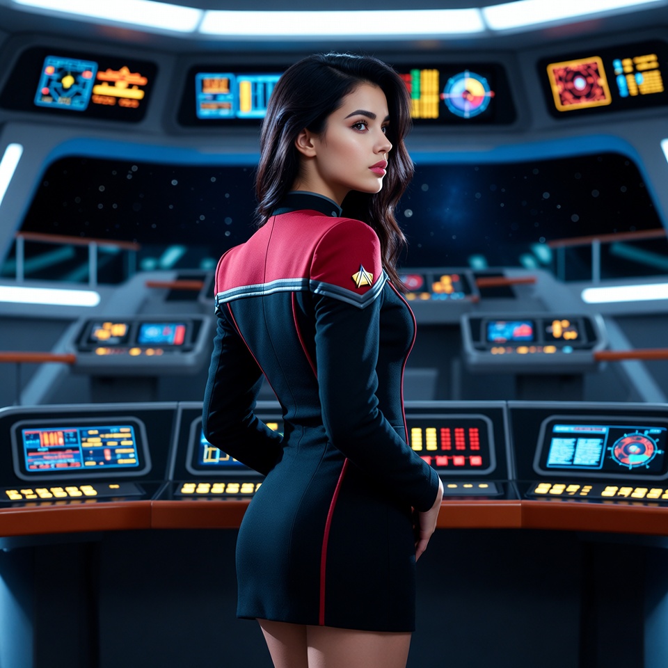Brunette woman in Star Trek uniform on bridge Brunette woman in Star Trek uniform on bridge
