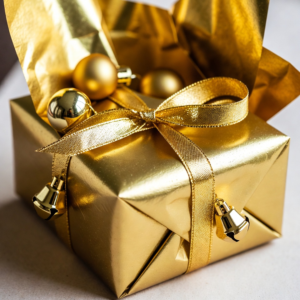 Gold gift box with bells and balls Gold gift box with bells and balls