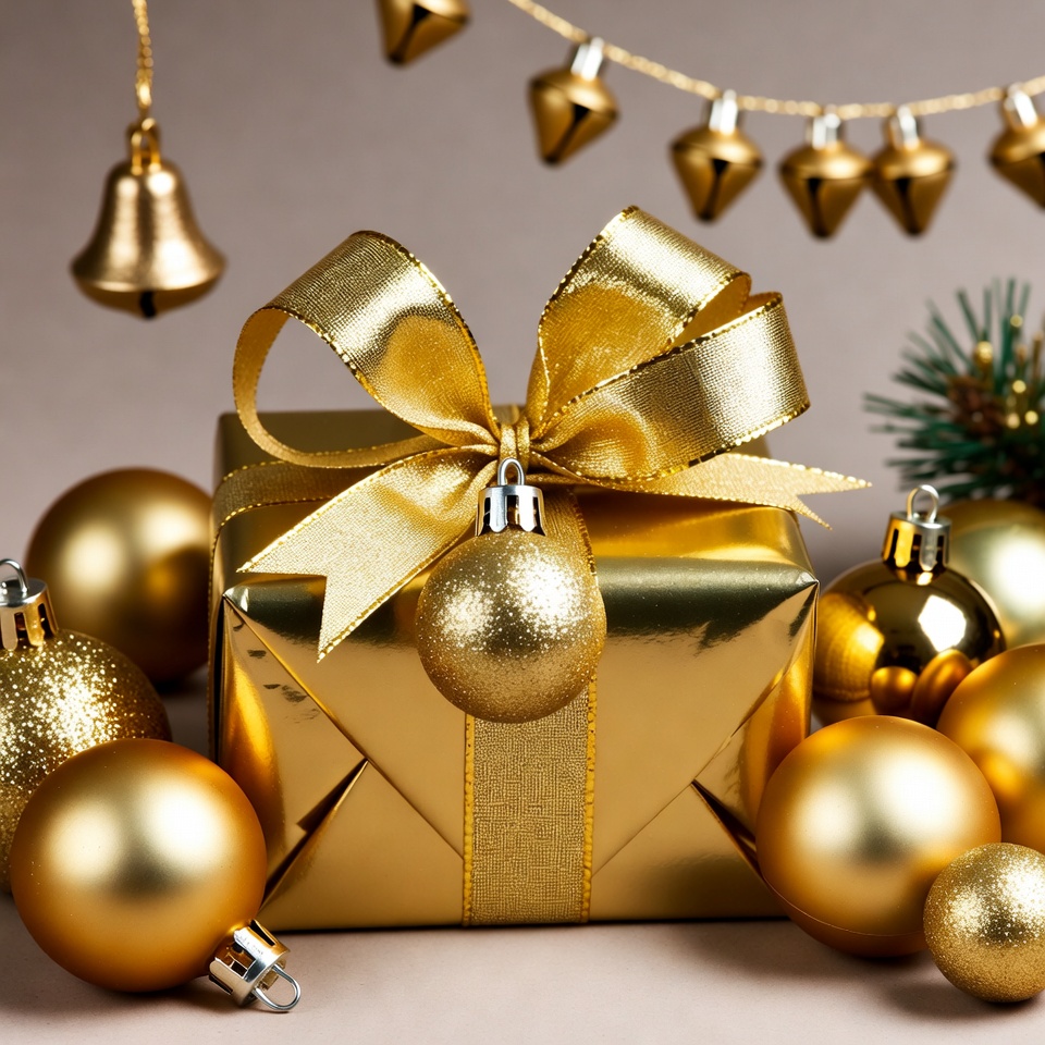 Gold Gift Box with Christmas Ornaments Gold Gift Box with Christmas Ornaments