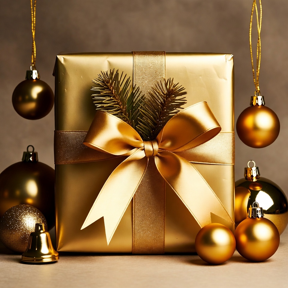 Gold Gift Box with Christmas Ornaments Gold Gift Box with Christmas Ornaments