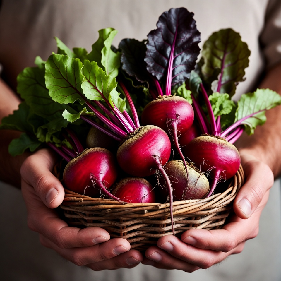 Man holding basket of beets Man holding basket of beets