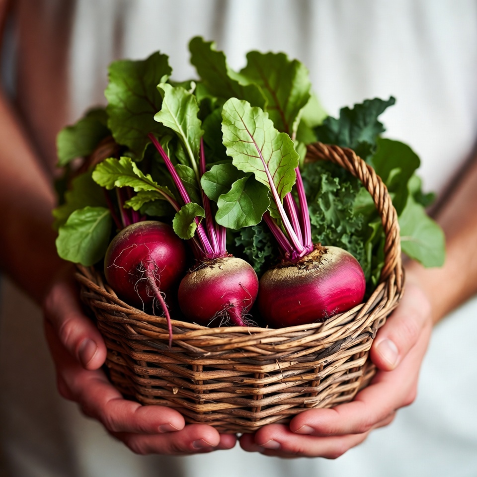 Hands holding basket of beets Hands holding basket of beets