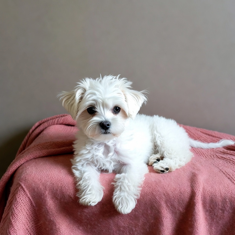 White fluffy Maltese dog on pink blanket White fluffy Maltese dog on pink blanket