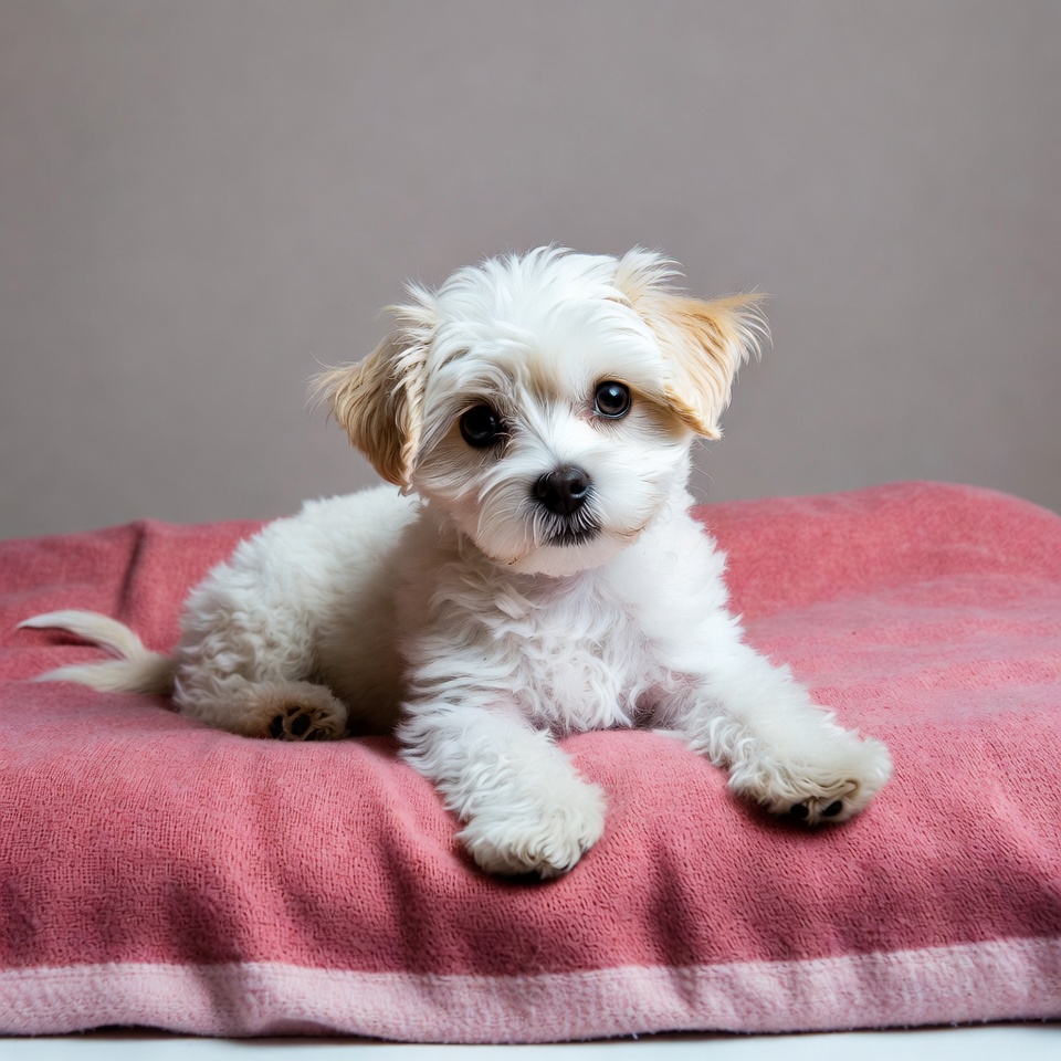 White fluffy puppy on red blanket White fluffy puppy on red blanket