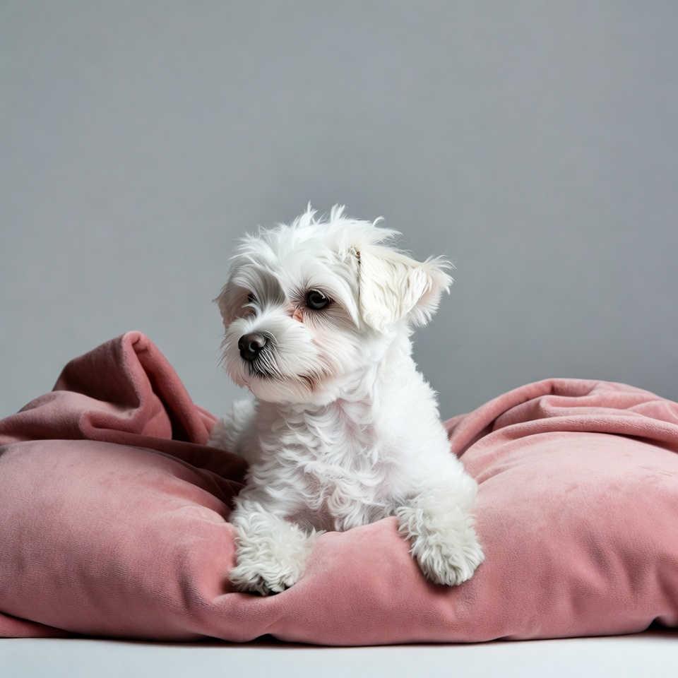 White Maltese dog on pink blanket White Maltese dog on pink blanket