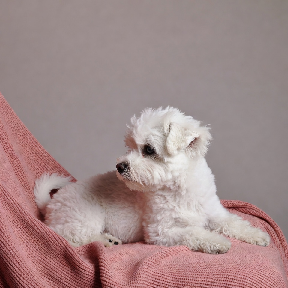 White Bichon Frise on pink chair White Bichon Frise on pink chair