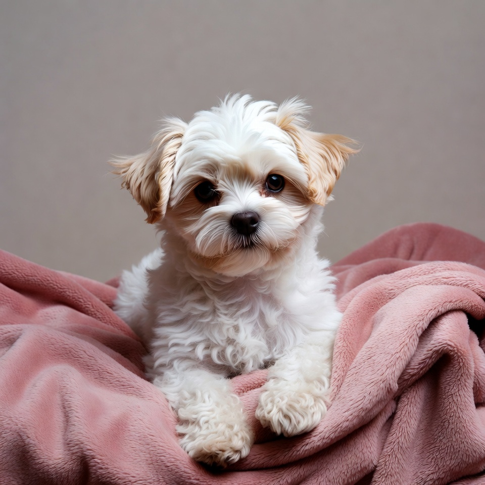 Fluffy white dog on pink blanket Fluffy white dog on pink blanket