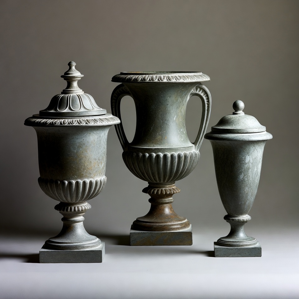 Three Ornate Gray Urns Three Ornate Gray Urns