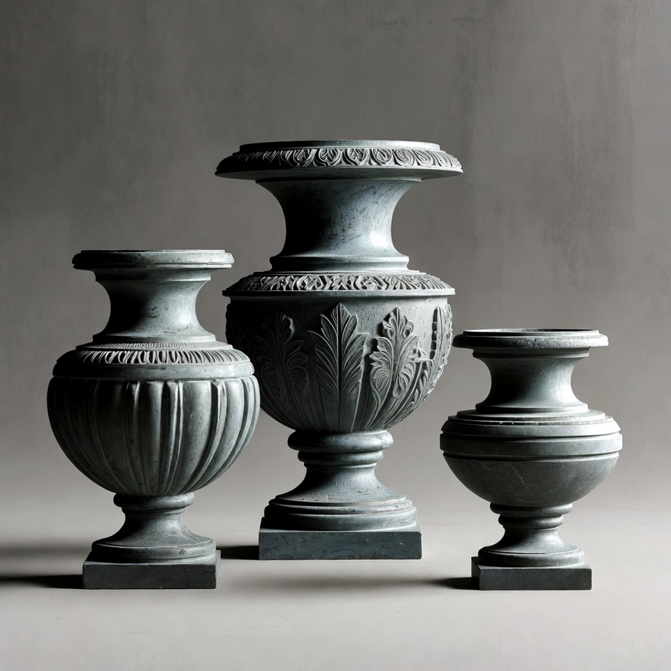 Three Ornate Gray Stone Urns Three Ornate Gray Stone Urns