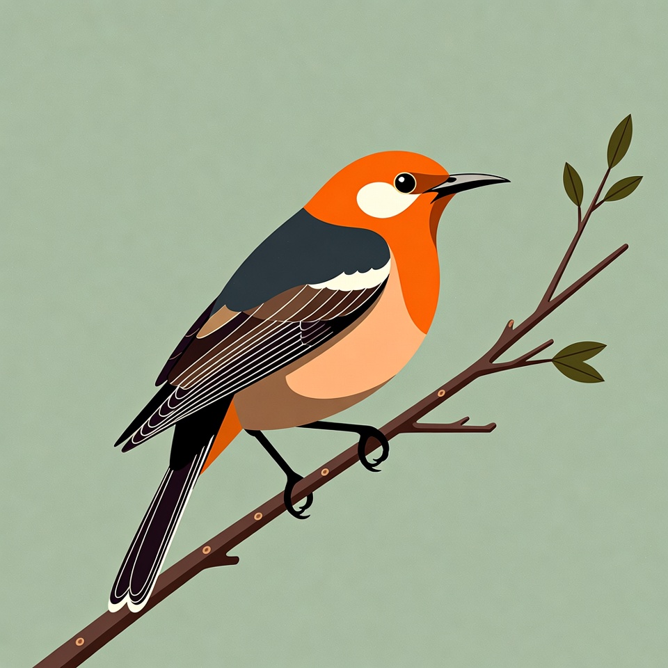 Redstart bird on branch illustration Redstart bird on branch illustration