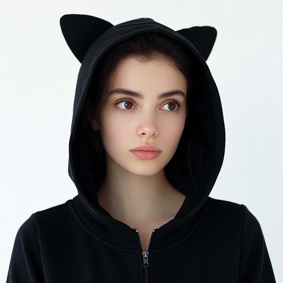 Woman in black cat ear hoodie Woman in black cat ear hoodie