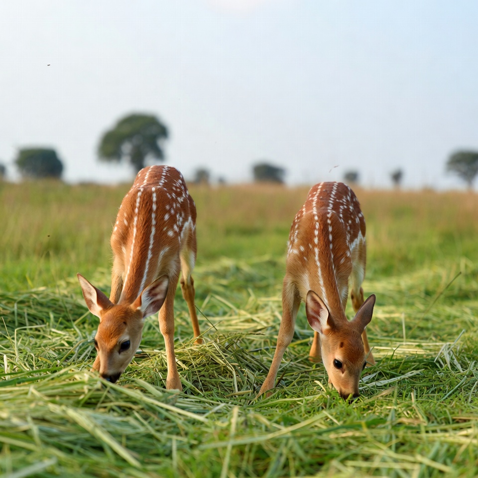 Twin fawns grazing in green grass Twin fawns grazing in green grass