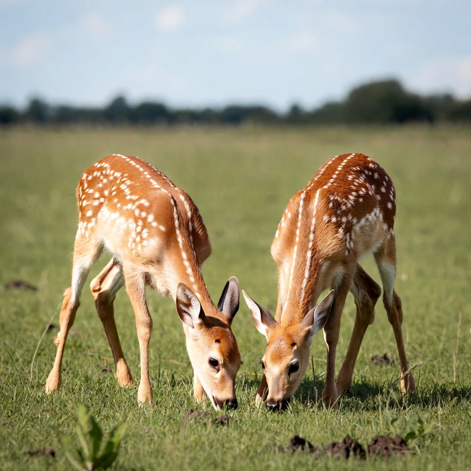 Two fawns grazing in green field Two fawns grazing in green field