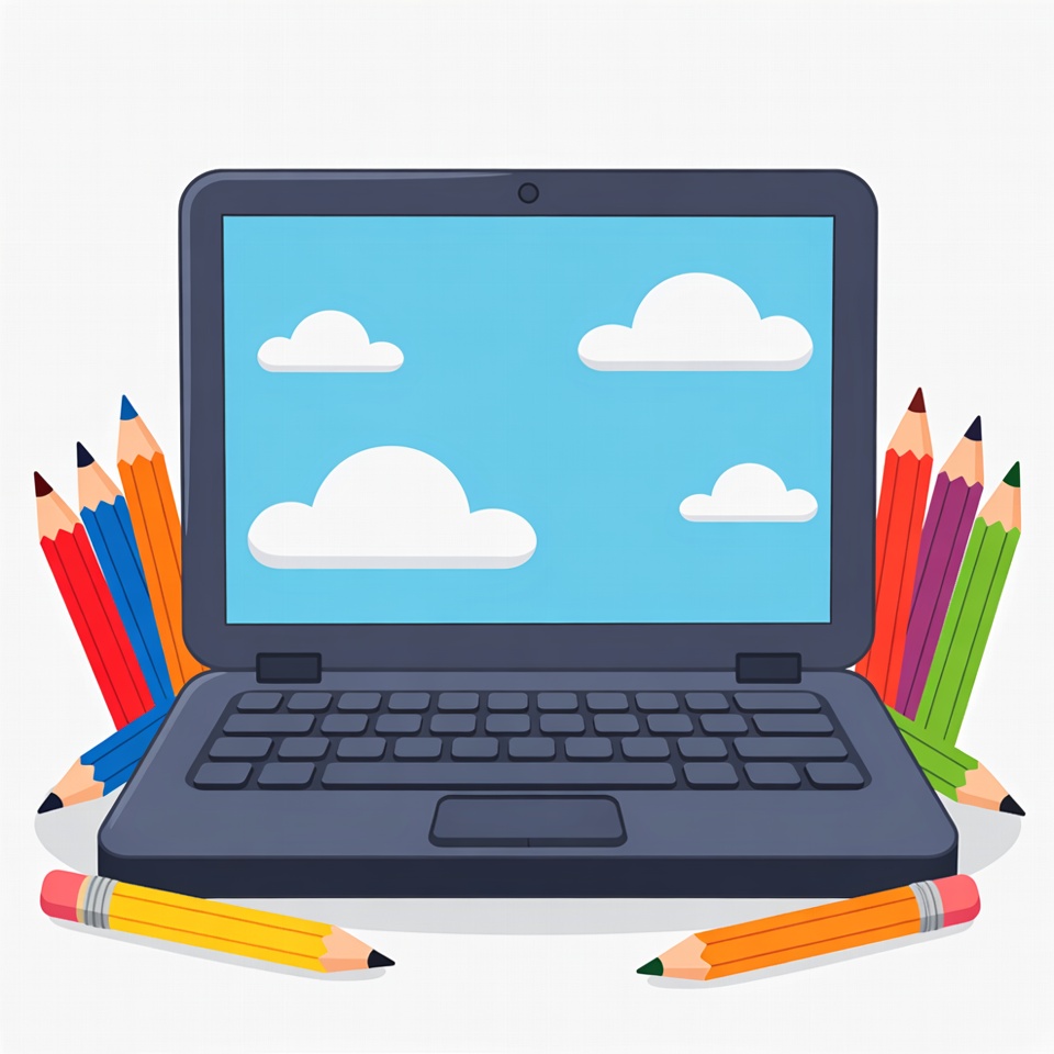 Laptop with colorful pencils and clouds Laptop with colorful pencils and clouds