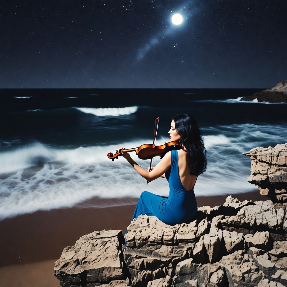 Woman playing violin on beach rocks Woman playing violin on beach rocks