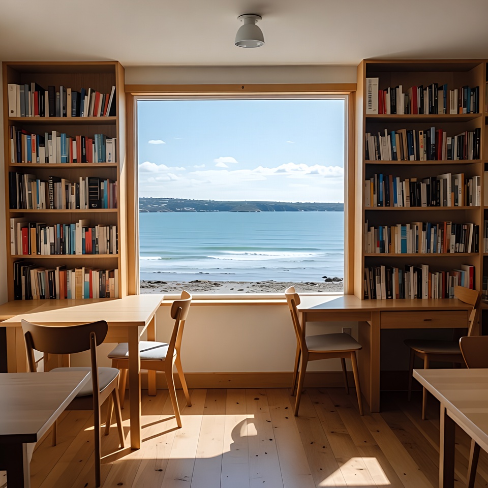 Bookshelves Framing Ocean Window View Bookshelves Framing Ocean Window View