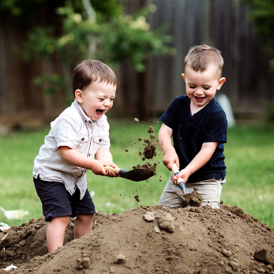 Two boys playing with shovels in dirt pile Two boys playing with shovels in dirt pile