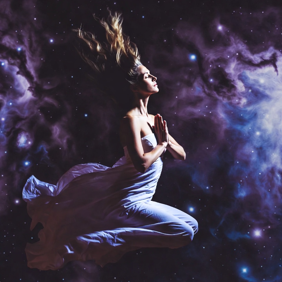 Blonde woman praying in starry space Blonde woman praying in starry space