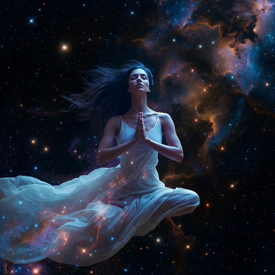 Woman praying in cosmic space Woman praying in cosmic space