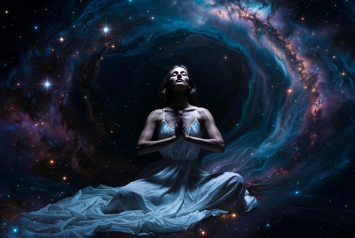 Woman meditating in cosmic galaxy Woman meditating in cosmic galaxy