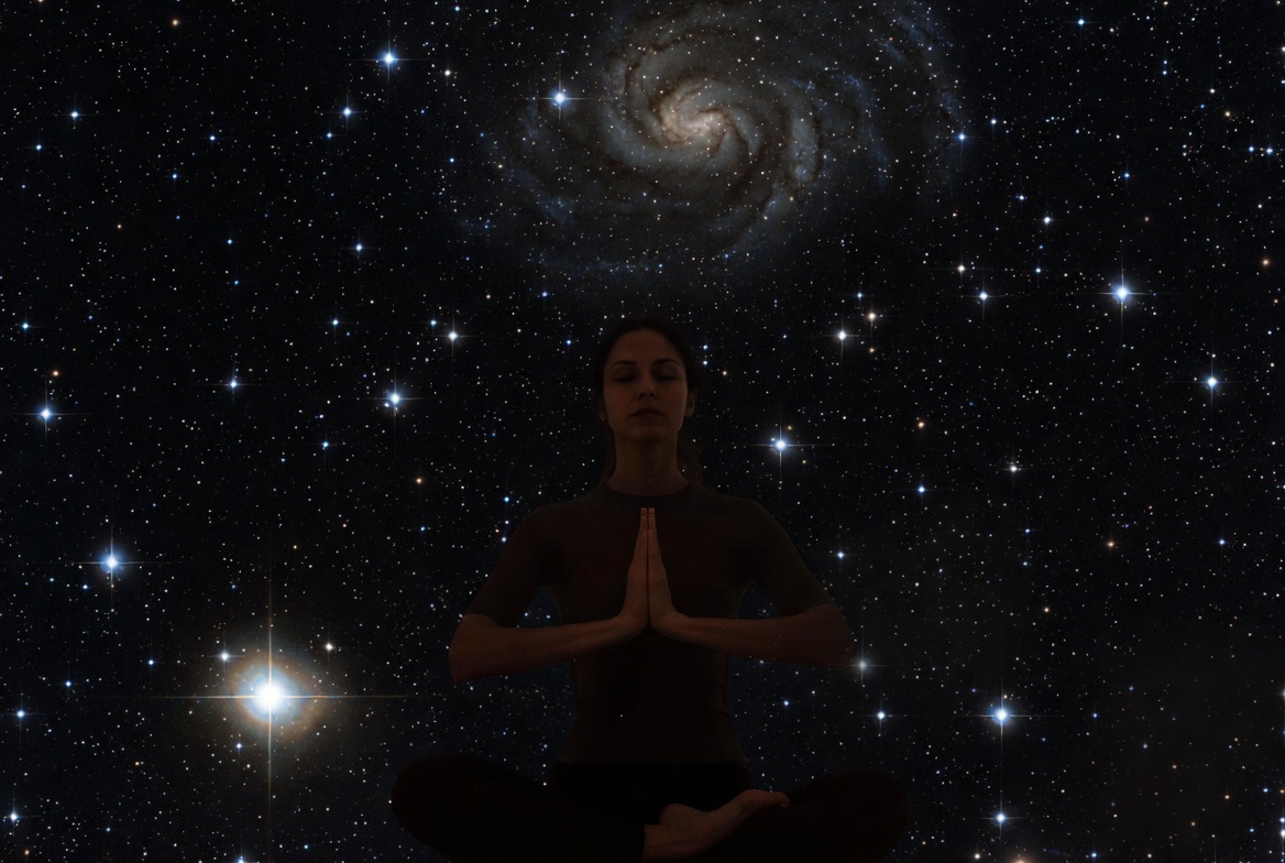 Woman meditating with galaxy background Woman meditating with galaxy background