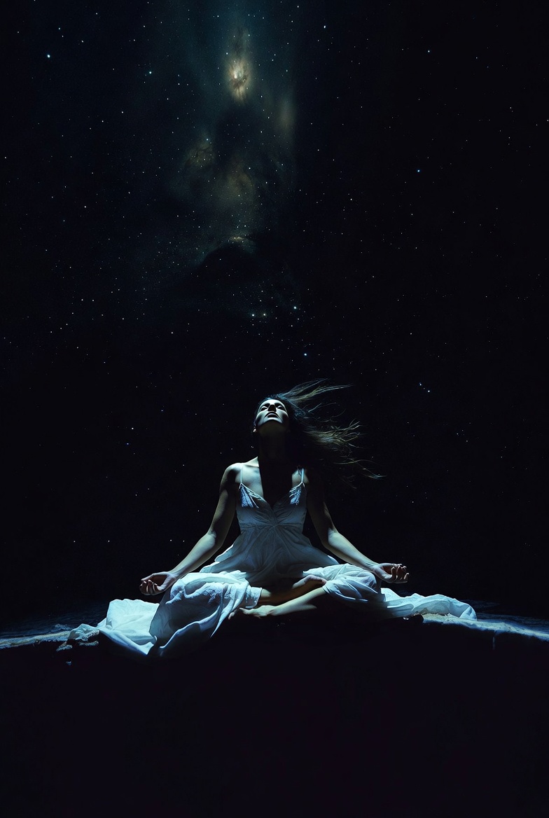 Woman meditating in starry galaxy Woman meditating in starry galaxy