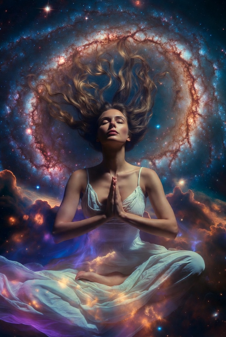 Woman meditating in cosmic galaxy Woman meditating in cosmic galaxy