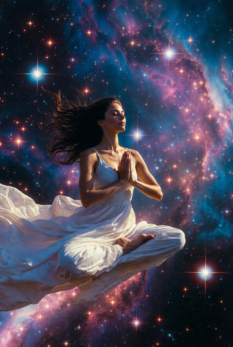 Woman praying in cosmic nebula Woman praying in cosmic nebula