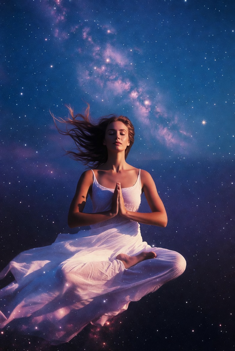 Woman meditating in space galaxy Woman meditating in space galaxy