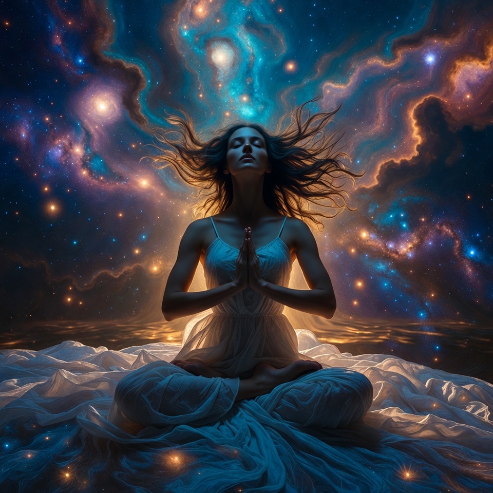 Woman meditating in cosmic nebula Woman meditating in cosmic nebula