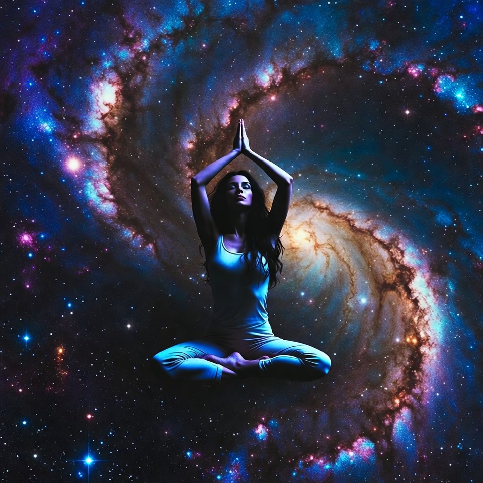 Woman meditating in cosmic galaxy Woman meditating in cosmic galaxy