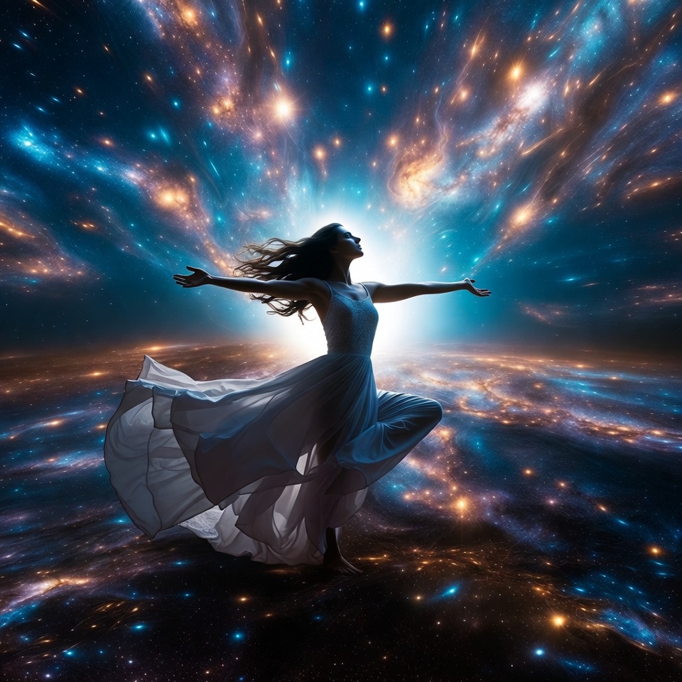 Woman embracing cosmic galaxy stars Woman embracing cosmic galaxy stars