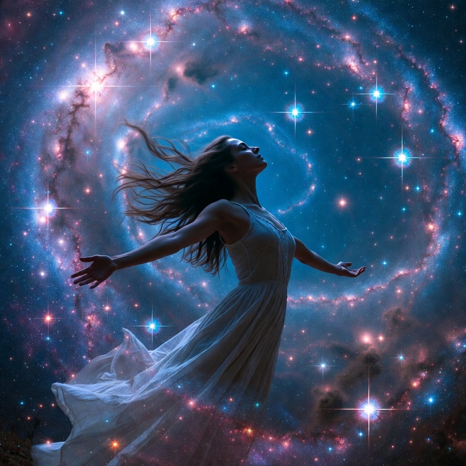 Woman floating in cosmic galaxy Woman floating in cosmic galaxy