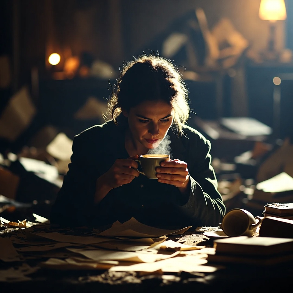 Woman sipping tea amid cluttered desk Woman sipping tea amid cluttered desk