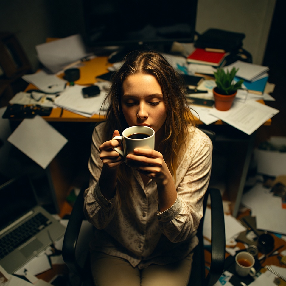 Woman drinking coffee at messy desk Woman drinking coffee at messy desk