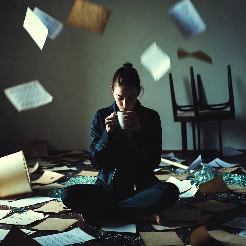 Woman sipping tea amid flying papers Woman sipping tea amid flying papers