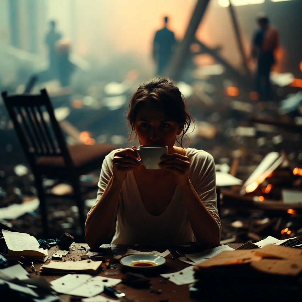 Woman drinking tea in ruins Woman drinking tea in ruins