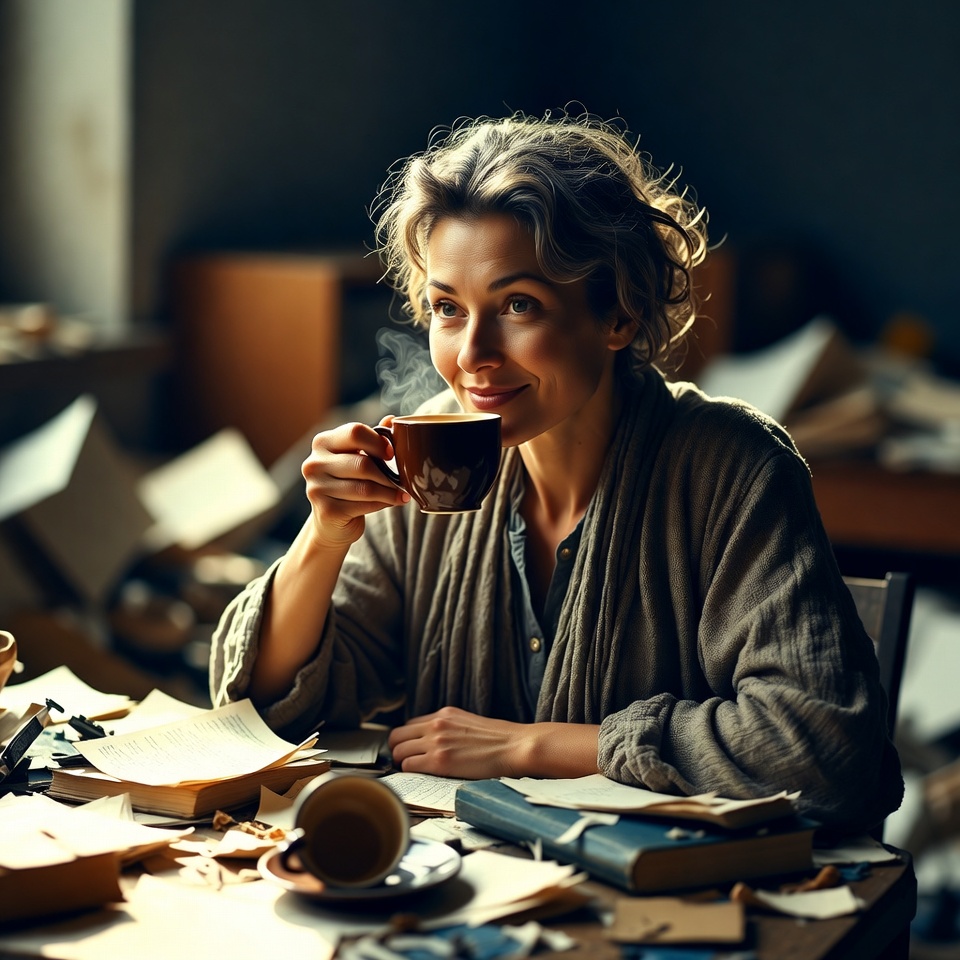 Woman sipping coffee at cluttered desk Woman sipping coffee at cluttered desk