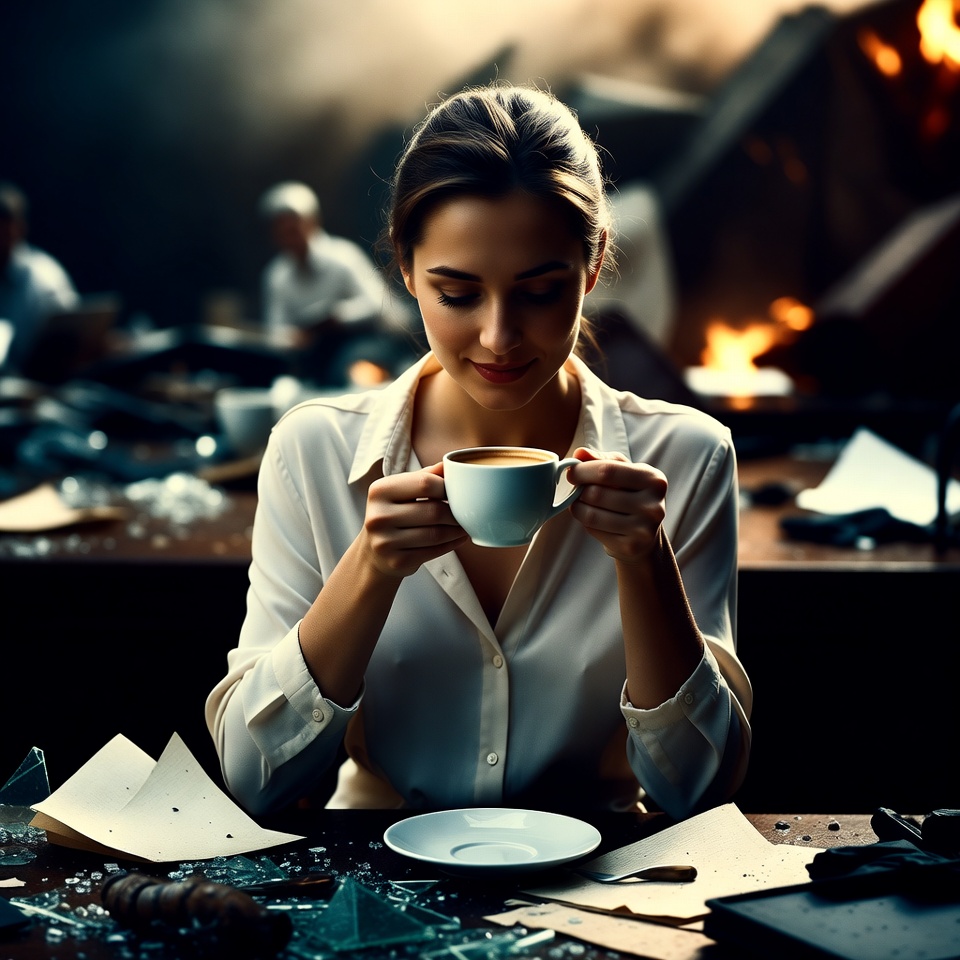 Woman sipping coffee in ruins Woman sipping coffee in ruins