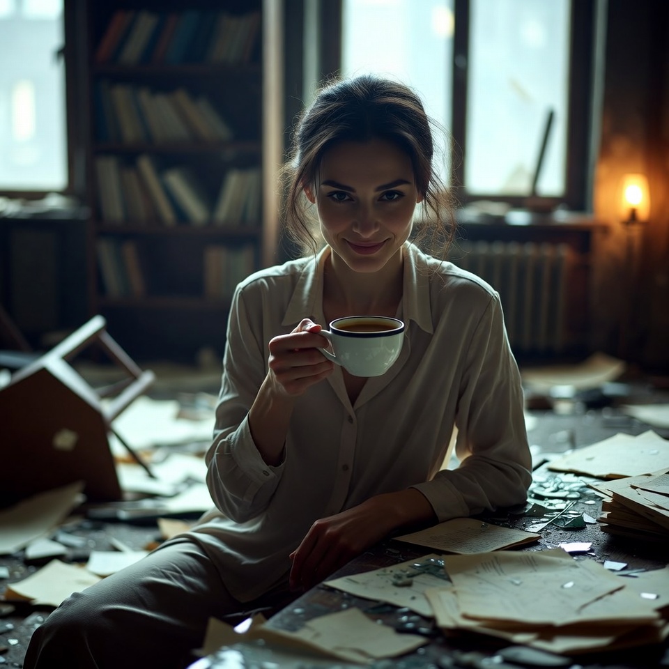 Woman sipping tea amid books and papers Woman sipping tea amid books and papers
