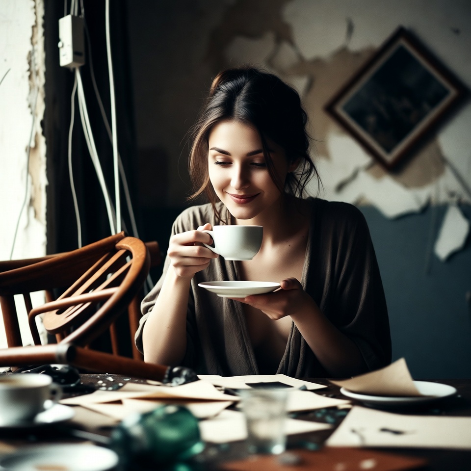 Woman drinking tea at rustic table Woman drinking tea at rustic table