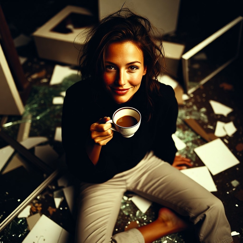 Woman sipping tea amid broken glass Woman sipping tea amid broken glass