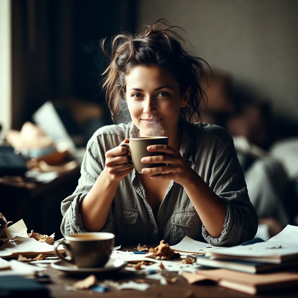 Woman sipping coffee at messy desk Woman sipping coffee at messy desk