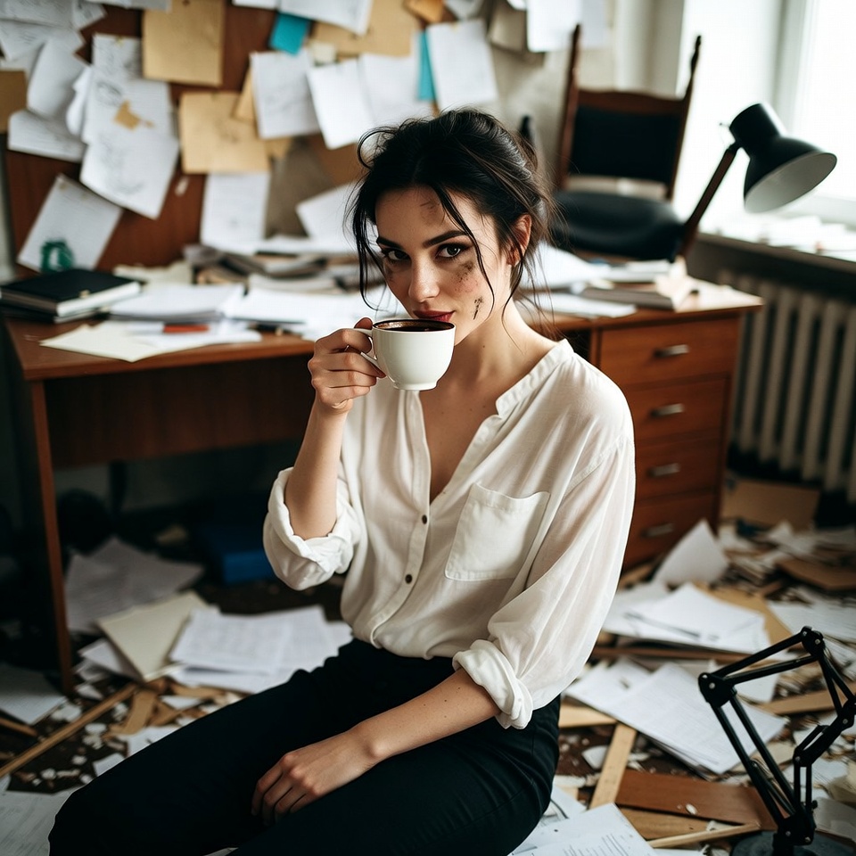 Woman drinking tea in messy office Woman drinking tea in messy office