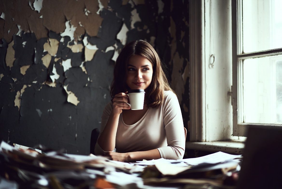 Woman sipping coffee at cluttered desk Woman sipping coffee at cluttered desk