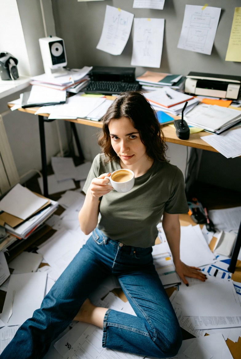 Woman drinking coffee at messy desk Woman drinking coffee at messy desk