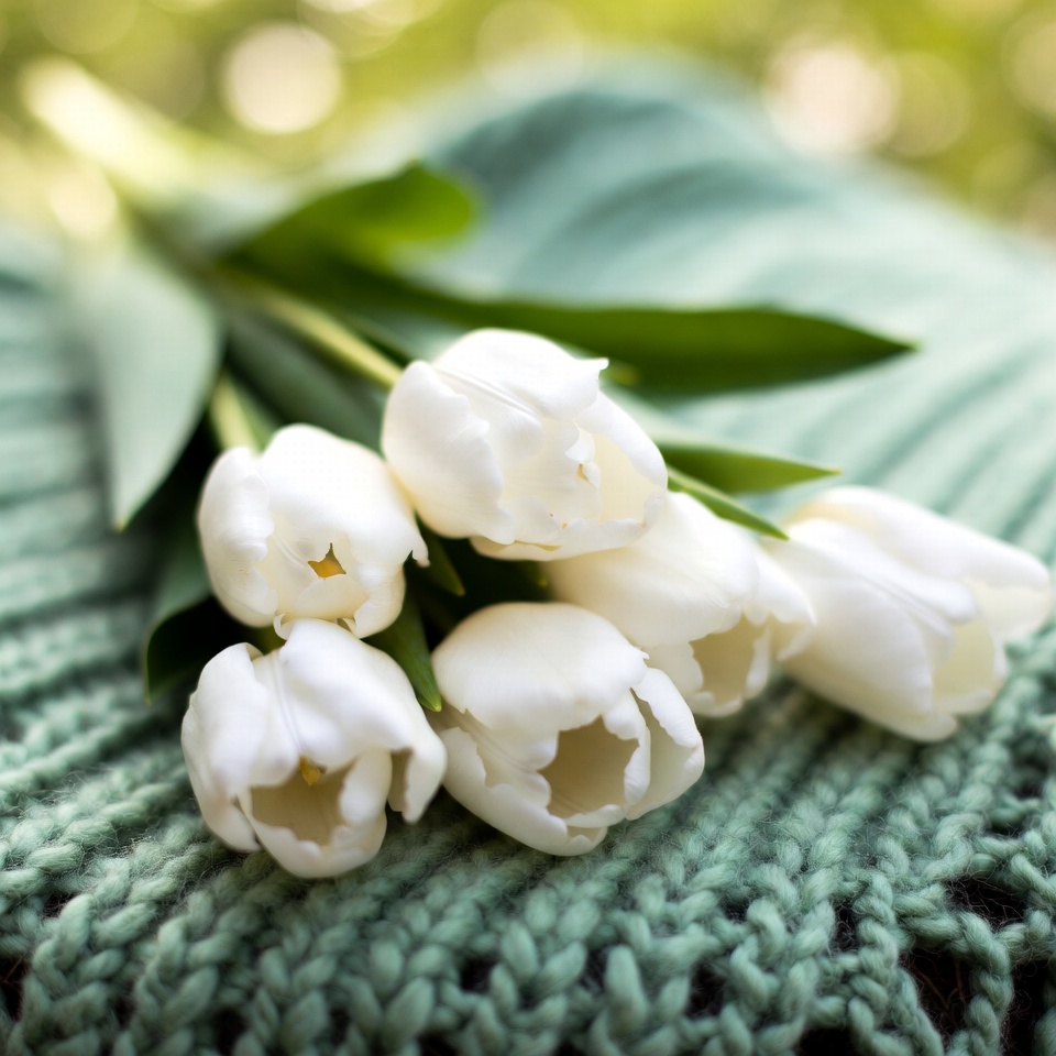 White tulips on green knitted fabric White tulips on green knitted fabric